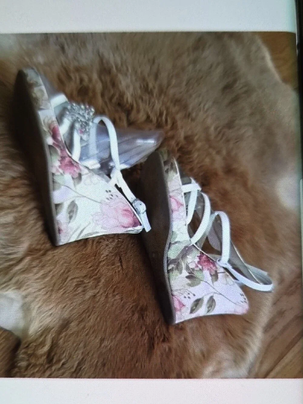 White Floral Wedge Sandals with Crystal Accent